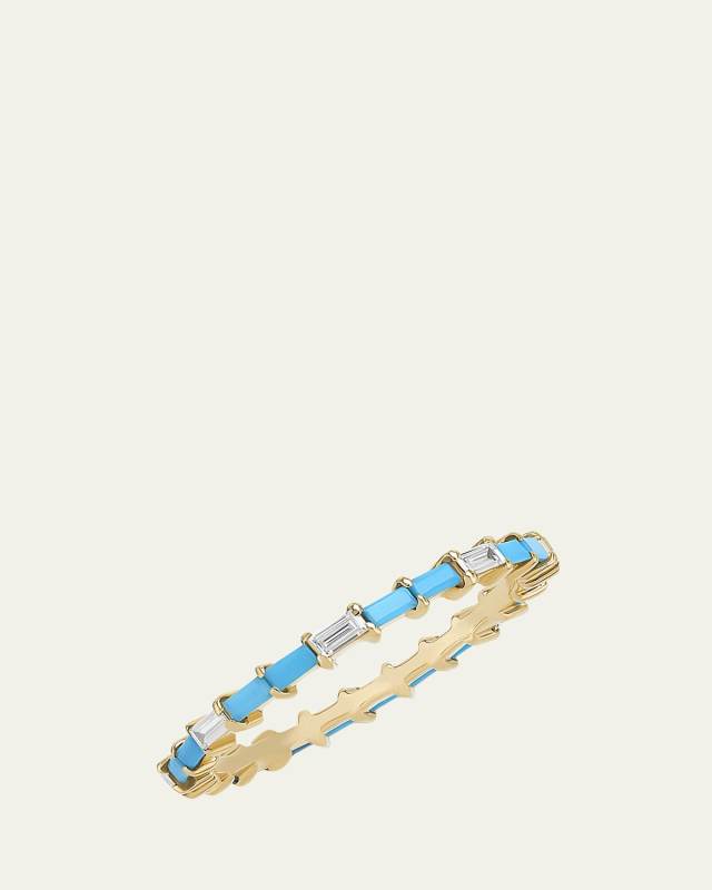 14K Turquoise and Diamond Baguette Stackable Ring, Size 7